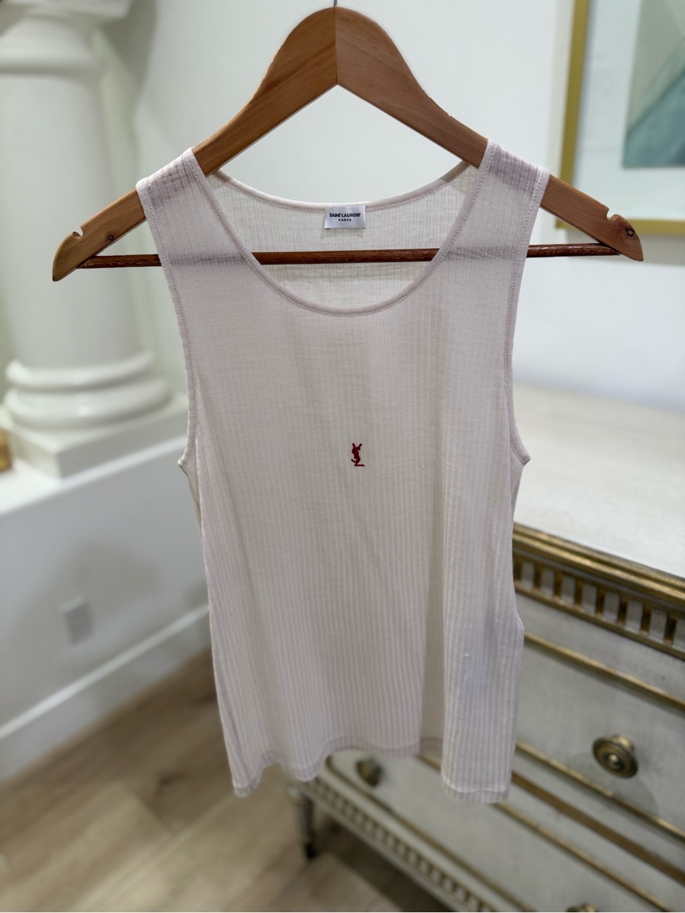 Saint Laurent Light Pink Ribbed Tank with Red YSL Stitch